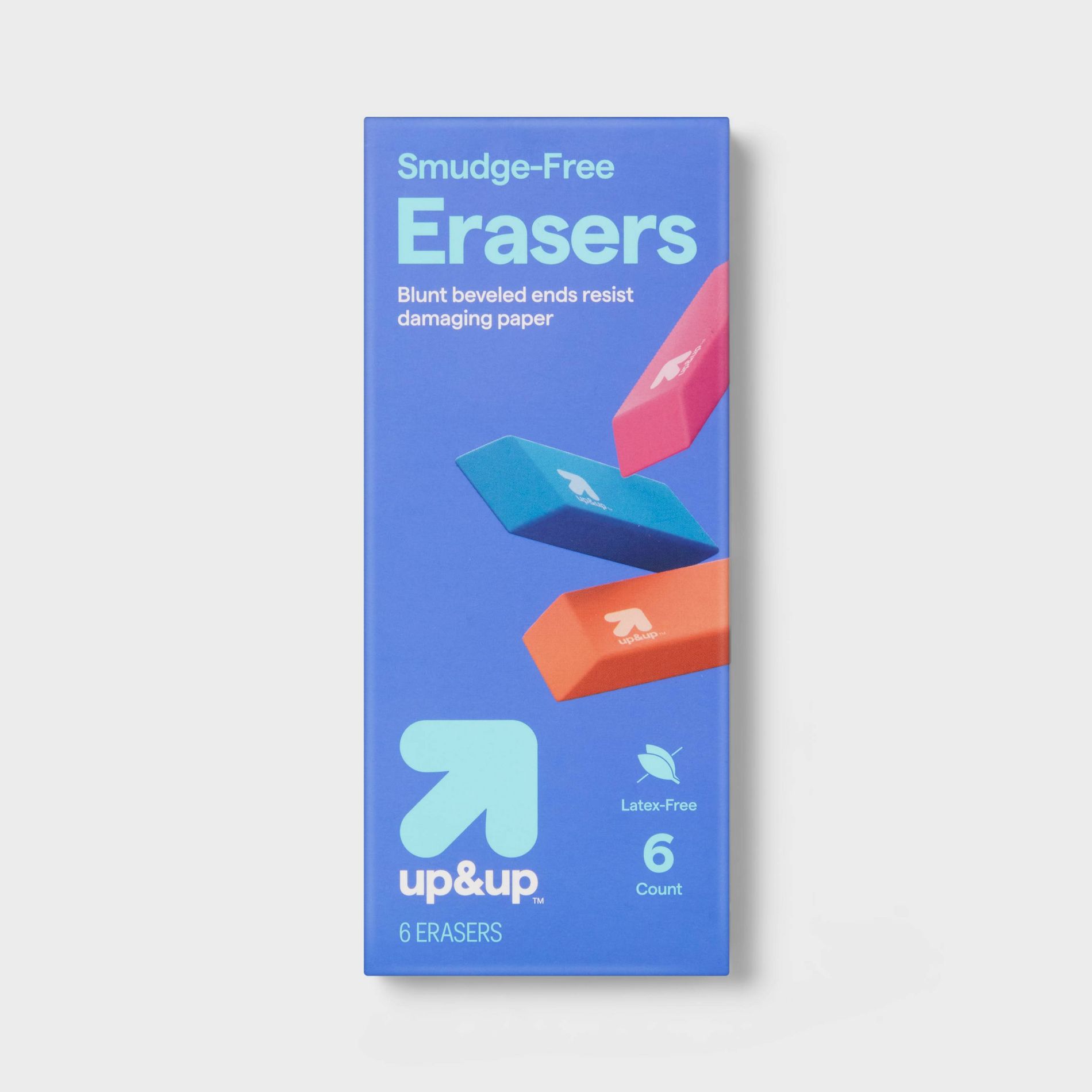 Smudge Free Erasers 6ct - up&up™: Vulcanized Rubber, Multicolor, Block Erasers for Pencils, Stationery, Office Supplies