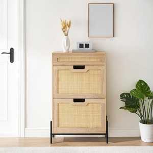 DobleePy Shoe Cabinet with Drawer and 2/3 Flip Doors, Wooden Rattan Entryway Shoe Storage Organizer, Adjustable Shelves - 1 of 4