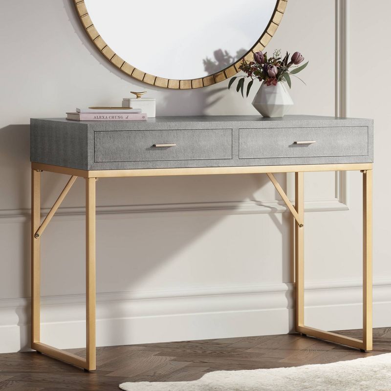 55 Downing Street Sands Point Modern Metal Rectangular Desk 42" x 21" with 2-Drawer Gold Gray Wood Tabletop for Living Room Bedroom Bedside Entryway, 2 of 8