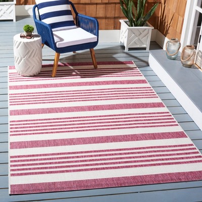 Ivory and Red Striped Square Synthetic Indoor/Outdoor Rug