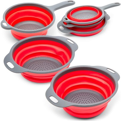 Juvale 3 Pack Collapsible Colander Strainer Set for Kitchen, Red (3 Sizes)