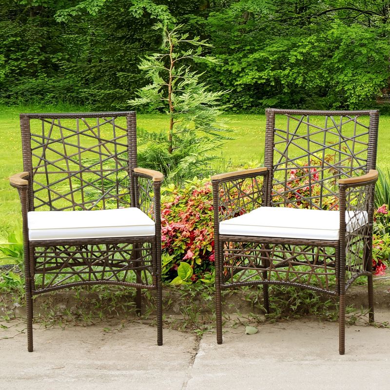 Costway 2pcs PE Wicker Patio Bistro Chairs Acacia Wood Armrests w/ Cushions Outdoor, 1 of 9