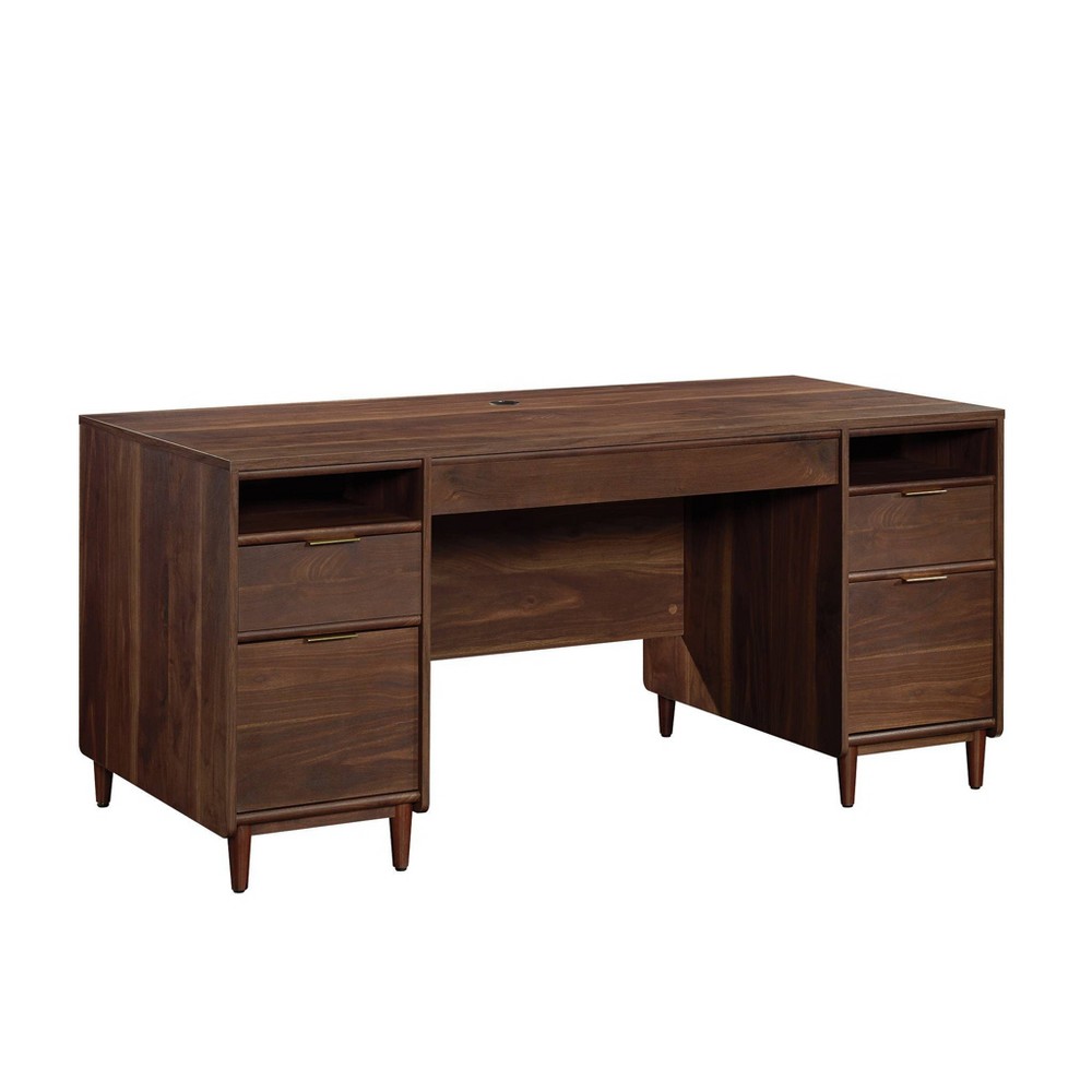Sauder Clifford Place Desk with Shelves Grand Walnut: Executive Workstation, MDF Construction, Mid-Century Modern Style