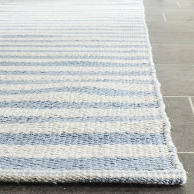 Ivory and Light Blue Striped Cotton Flat Woven Rug