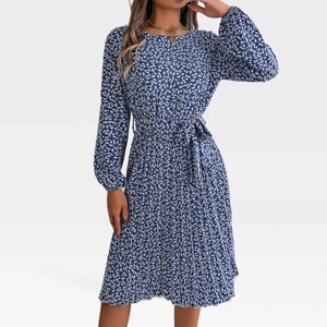 Womens Long Sleeve Dress High Rise Pleated Dress Waist Tie Floral Prairie Dress Round Neck A Line Midi Dress for Spring/Fall - 1 of 4