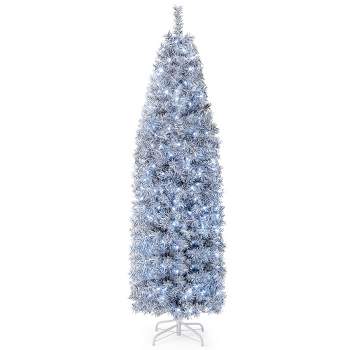 Costway 7 FT Pre-Lit Christmas Tree Hinged Slim Pencil w/ 350 LED Lights 670 Branch Tips