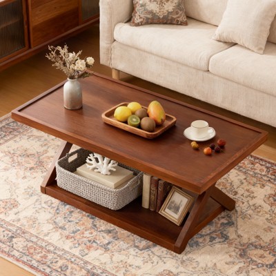 Bekrvio 39.4" Modern Farmhouse Coffee Table, 2-Tier Rectangle Wood Center Table with Storage & Unique X-Shaped Legs for Living Room Home Office