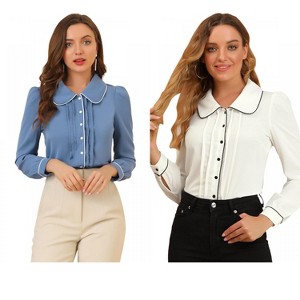 INSPIRE CHIC Women's Casual Peter Pan Collar Button Down Contrast Puff Sleeve Work Blouse 2 Packs - 1 of 4