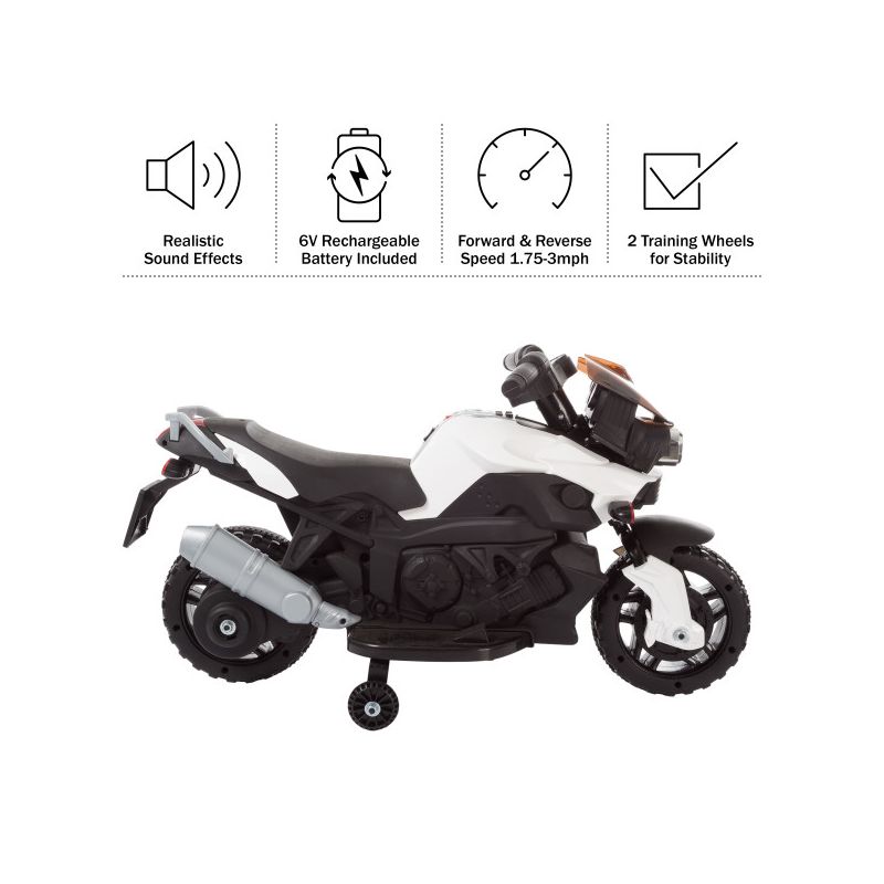 Toy Time Kids Motorcycle - Electric Ride-On with Training Wheels and Reverse Function - White and Black, 3 of 11
