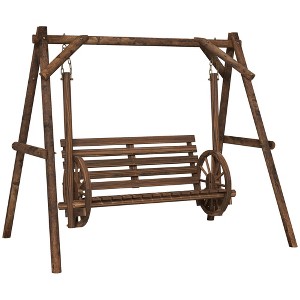 Outsunny 2-Seat Porch Swing with A-Frame Stand, Wooden Log Patio Swing Chair Bench with Wagon Wheel Armrests, Carbonized Brown - 1 of 4