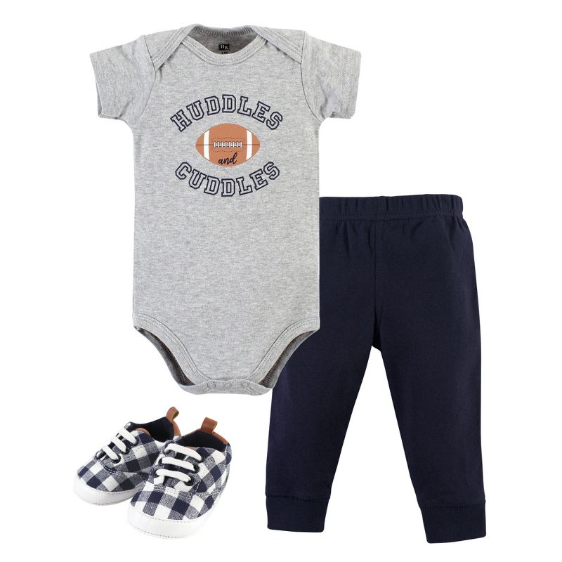 Hudson Baby Infant Boy Cotton Bodysuit, Pant and Shoe Set, Football Huddles Short Sleeve, 1 of 6