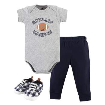 Hudson Baby Infant Boy Cotton Bodysuit, Pant and Shoe Set, Football Huddles Short Sleeve