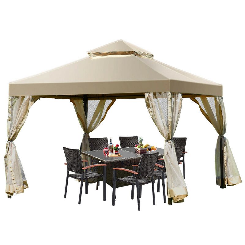 Costway Outdoor 2-Tier 10'x10' Gazebo Canopy Shelter Awning Tent Patio Garden Screw-free structure Brown, 5 of 9
