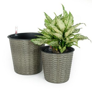 Gulches Stylish Round Self-Watering Wicker Planter - Grey - Size M (13.4"x13.4"x12.2") & Size S (10.2"x10.2"x9.4") - 1 of 4