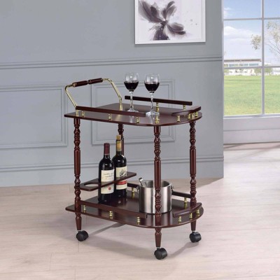Elegant Merlot and Brass Round Serving Cart with Wine Storage