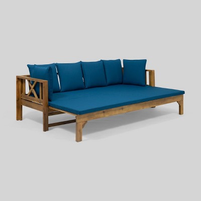 Long Beach Acacia Wood Extendable Daybed Sofa with Teal Cushions