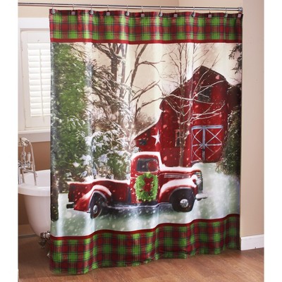 Lakeside Christmas Shower Curtain with Vintage Red Truck, Barn and Holiday Trees