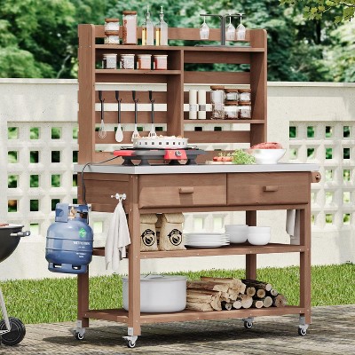 KWPZQEB Outdoor Potting Bench Table, Garden Workstation w/ Wheels & 2 Drawers, Open Shelves & Towel Rack, Wood Kitchen Island for Lawn, Garden