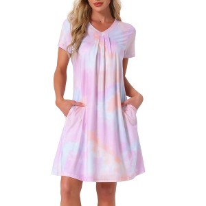 cheibear Women's Soft V-Neck Summer Pajama Lounge Dress with Pockets Nightgowns - 1 of 4