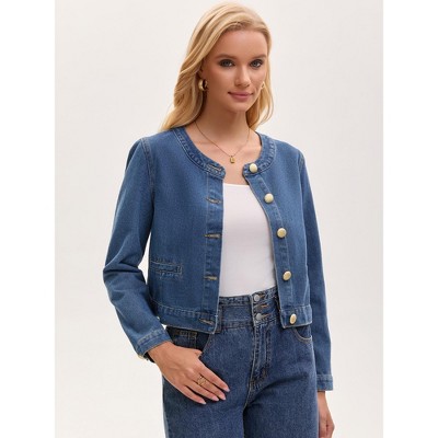 INSPIRE CHIC Women's Crew Neck Denim Long Sleeve 2026 Button Down Cropped Jean Jackets X-Large Blue — фото 3