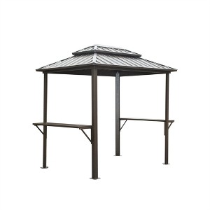 DOMETOUR Grill Gazebo 8'×6' Aluminum BBQ Outdoor Hardtop with Shelves, Double Roof for Patio, Lawn, Deck, Backyard, Garden (Brown) - 1 of 4