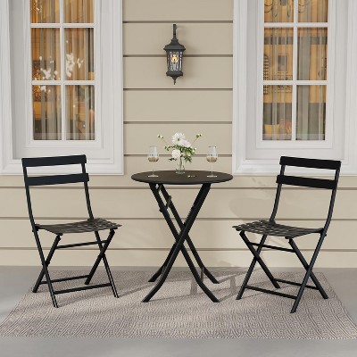 Jojoka 3-Piece Patio Bistro Set with Round Table & 2 Folding Chairs, Powder-Coated Iron Frame, Space-Saving and Portable, Black
