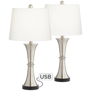 360 Lighting Seymore Modern Table Lamps 26" High Set of 2 Silver with USB Charging Port LED Touch On Off White Drum Shade for Bedroom Living Room Desk - 1 of 4