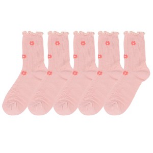 Anna-Kaci Women's 5-Pair Set Ruffle Ankle Socks with Floral Embroidery and Breathable Knit Design for Flats or Mary Janes - 1 of 4