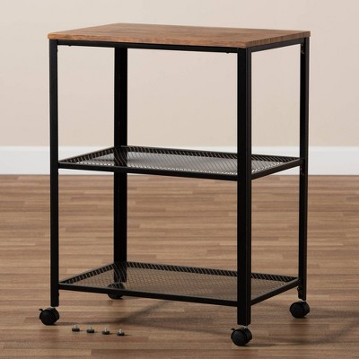 Verna Oak Brown and Black Wood Kitchen Serving Cart with Storage