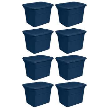 Sterilite Lidded Stackable 18 Gal Storage Tote Container w/ Handles & Indented Lid for Efficient, Space Saving Household Storage, Marine Blue, 8 Pack