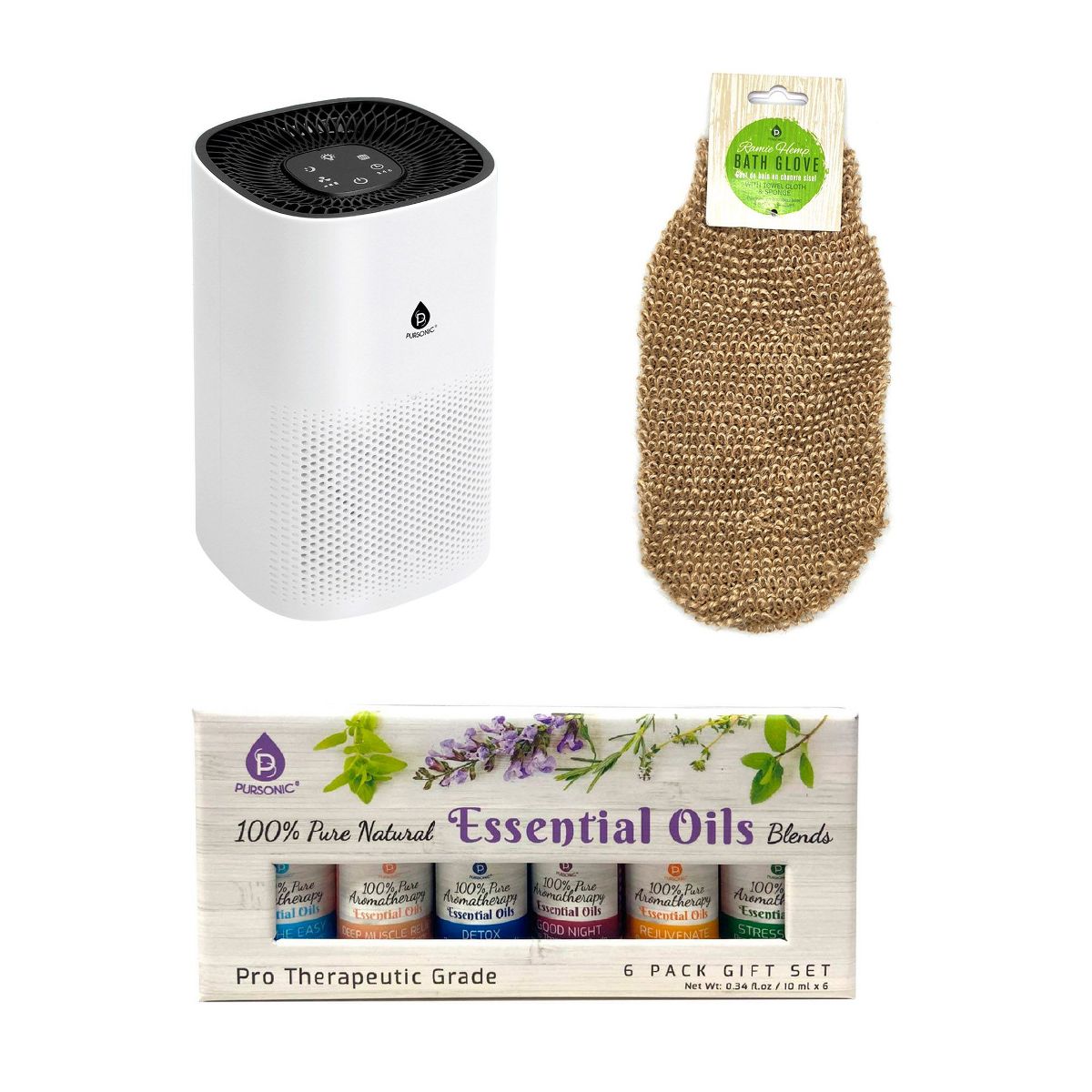 Pursonic Air Purifier, Essential Oil Wellness Blends, and Bath Gloves