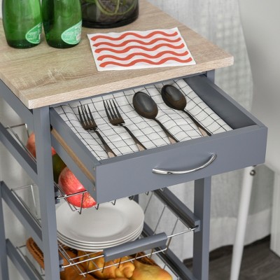 Gray Wooden Rolling Kitchen Cart with Storage Drawer and Baskets