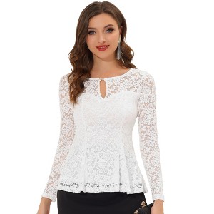 INSPIRE CHIC Women's Floral Lace Front Peplum Hem Keyhole Sheer Long Sleeve Blouse - 1 of 4