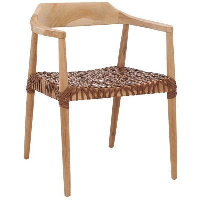 Mid-Century Teak Wood & Woven Leather Accent Chair in Natural Finish