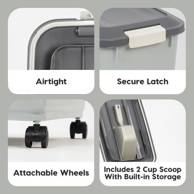 Gray and Dark Gray Airtight Plastic Pet Food Storage Bin with Wheels