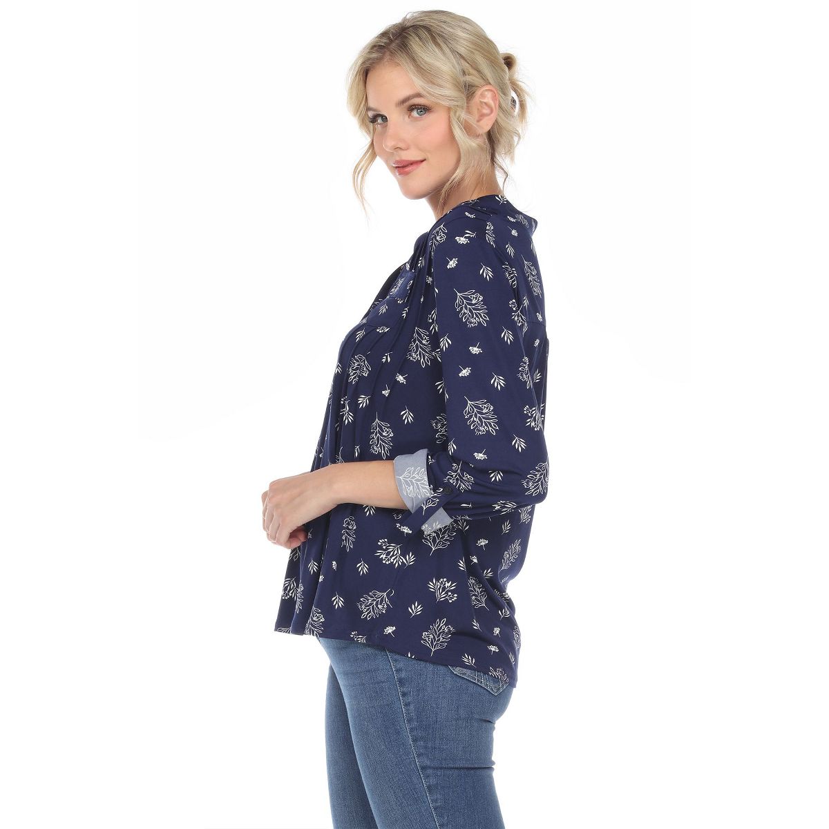 Women's Pleated Long Sleeve Leaf Print Blouse - White Mark - thumbnail 7