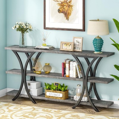 Gray 70.8" Industrial Console Table with 3-Tier Shelves