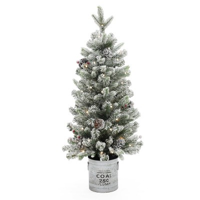 LuxenHome 3Ft Pre-Lit Artificial Flocked Pine Christmas Tree, Lighted Small Porch Tree with Pinecones, Berries, and Metal Pot Off-White