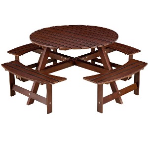Sapphtopaz Outdoor Dining Set Wood Round Patio Dining Set with 4 Built-in Benches, Umbrella Hole for Lawn, Patio, Garden - 1 of 4
