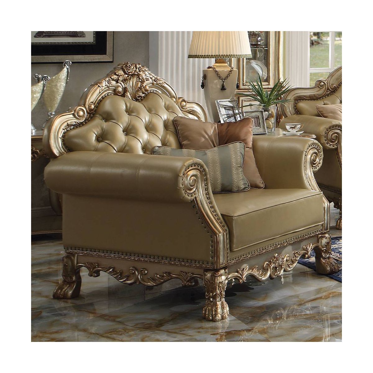 45" Dresden Accent Chair Bone Synthetic Leather/Gold Patina Finish - Acme Furniture