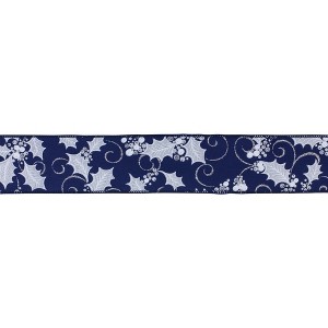 Wired Polyester Ribbon Set Of 2 – Blue And White Holly Berry – 0.25 Inch Height – For Holiday Crafts – By Melrose - 1 of 3