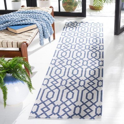 Gray and Blue Flat Woven Wool and Cotton Runner Rug, 2 x 8 ft