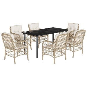 vidaXL 7 Piece Patio Dining Set - Beige PE Rattan with Cushions and Tempered Glass Table for Garden, Backyard, Outdoor Deck - 1 of 4