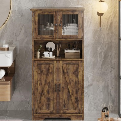 Bathroom Cabinet, Freestanding Storage Cabinet with Glass Doors & Adjustable Shelves
