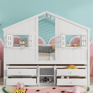 RISOKEYS Full Size Loft Bed with Roof and Windows - Pine Wooden Bed with 4 Storage Drawers, Safety Guardrails, Ladder - 1 of 4