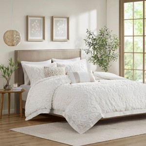 Sapphtopaz Comforter Set Tufted Chenille Medallions Embroidery Classic Solid Color Cotton Quilt Set 3 Piece 1 Quilt, 2 Pillow Shams - 1 of 4