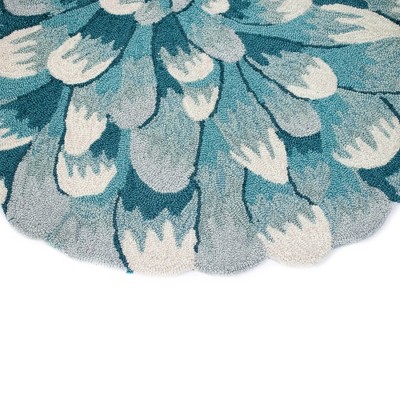Aqua and White Tufted Synthetic Floral Half Circle Rug