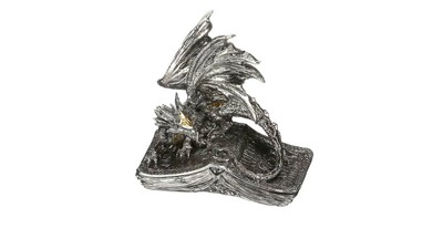 Pendragon Guarding Codex Silver Resin Dragon Statue