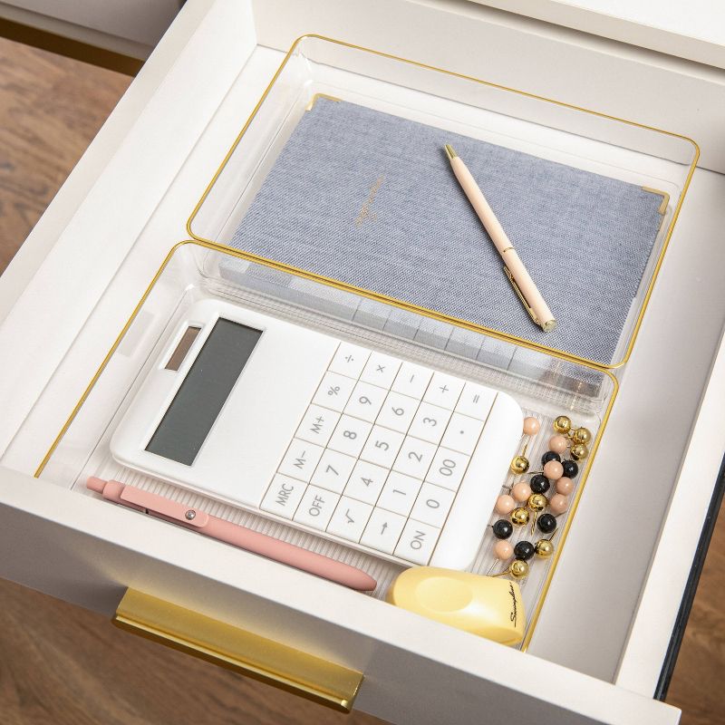 Martha Stewart 3pc 9&#34; x 6&#34; Plastic Stackable Office Desk Drawer Organizers with Gold Trim Clear, 4 of 11