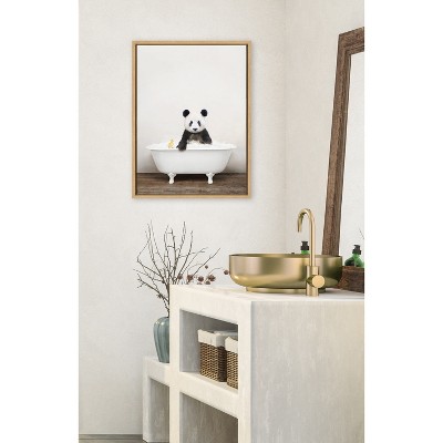 Natural Framed Canvas Print of Panda in Bathtub